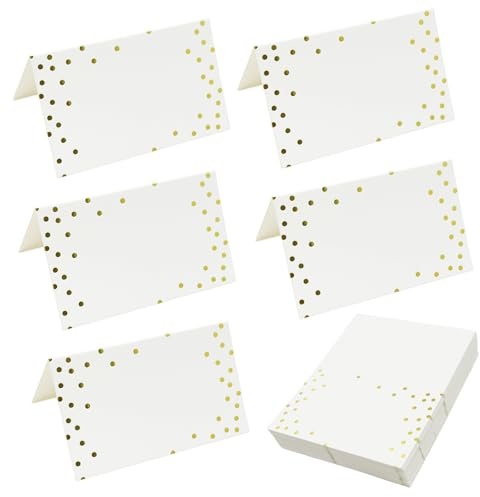 Bliceon 50 Pack Blank Place Cards for Table Settings - Gold Dots Name Cards for Weddings, Dinner Parties & Banquets - 2x3.75 inches Folded Table Seating Cards (White)