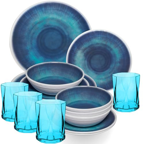 Melamin Geschirr Set Jesolo Blau für 4 Personen Wohnwagen Camping Picknick