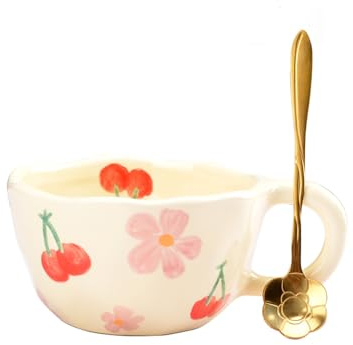 HOKMOKQOK Cute Coffee Mug, Kawaii Ceramic Tea Cup, Aesthetic Flower Cup 250 ml for Cappuccino Latte Tea Milk, Floral Mugs Cute Stuff Gift for Women Mom Birthday (Pink)