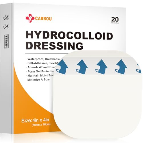 Carbou Hydrocolloid Wound Dressing 4x4, 20 Individual Pack, Self-Adhesive Ultra Thin Hydrocolloid Bandages, Waterproof Absorbent Hydrocolloid Patch for Wound Care, Bedsore, Burn, Abrasion & Blister