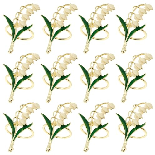 16 Stück Serviettenringe Gold Maiglöckchen-Design Serviettenschnallen Metall Elegant Napkin Rings für Weihnachten Thanksgiving Hochzeiten Geburtstage Familienfeiern