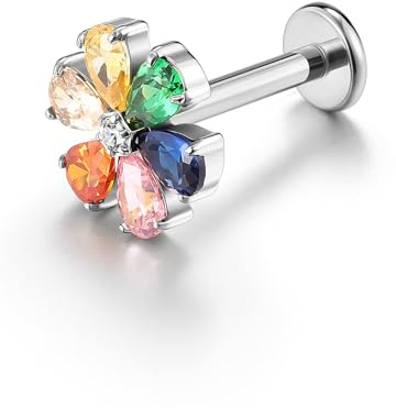 PiercingJak 16G Titan Helix Piercings mit bunte Zirkonia Blume Innengewinde Lippenpiercing Labret Medusa Monroe Ohr Klein Tragus Stud Piercing Stäbe Stecker 8mm, Silber/Gold