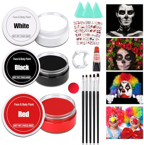 Halloween Clown Schminke Schwarz Weiß Rot Makeup mit 5 Pinseln,Halloween Vampir Makeup Creme Gesicht Körperfarbe SFX Make-up Joker Gothic Zombie Schminke für Erwachsene Kinder,Karneval, Wasserdicht