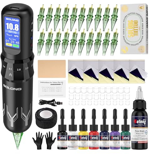 Solong Tattoo Kit, 7 Strokes,Profi Rotary Wireless Tattoo Maschine Set mit 1600mAh Akku, LCD Display, 20 Tattoo Nadeln und 8 Tattoo Farben Komplettes Tattoo Set für Anfänger & Künstler SL-TKE200AEU-1