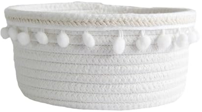 HEALEEP Panier de Rangement en Corde de Coton pour Organiser et Classer Blanc Moyen Design Boule de Coton, Cadre Simple et Élégant les Effets Personnels Bureau