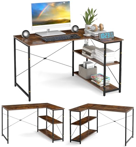 GIANTEX 118 cm L-format skrivbord, datorbord med vändbar förvaringshylla, modernt hörnskrivbord med justerbar hylla för arbetsrum, kontor (brun)