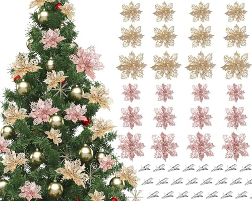 24 Stück Glitzer Weihnachtsblumen, Künstliche Weihnachtsstern Blumen Weihnachtsbaum Blumenschmuck Weihnachtsbaum Ornamente Weihnachtsdekoration Blumen Weihnachtsblumen Deko