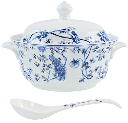 FROOWAN Tureen de cerámica con tapa y cuchara, cuencos de porcelana con asas para cocina, fiesta de entretenimiento, patrón de flores azules y animales, 2.5 L, apto para microondas y lavavajillas