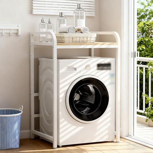 HöHenverstellbar Waschmaschine Trockner Schrank, 400 kg Waschmaschinenregal für 2 Haushaltsgeräte, Waschmaschinenschrank aus Metall für Badezimmer/Balkon/Waschküche (White Wood, H: 90cm/95cm/100cm)