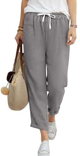 PASUDA Pantalon Femme Été 7/8 Fluide Léger Coton Pantalons Décontractée Ample Droit Pantacourt Taille Haute Elastique Palazzo Chic et Elegant Travail Longueur Pants avec Poches(Gris,M)