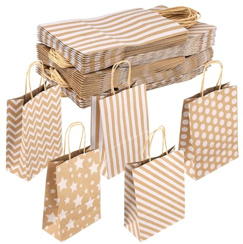 YIXNSW 50 Stück Geschenktüten mit Henkel, 16x22x8cm Braun 5 Verschiedene Muster Papiertüten, Kraftpapiertüten für Geburtstag, Hochzeit, Party & Geschenkverpackung