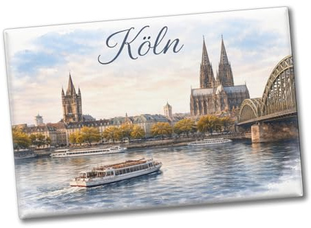speecheese Souvenir Magnet Köln Skyline Dom Rhein, Aquarell, rechteckig | Rechteckiger Dekomagnet als Kühlschrankmagnet, Aquarellstil mit Dom, Rhein, Hohenzollernbrücke, kleinem Schiff, lustig.