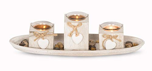 4er Windlicht Set Holztablett B x H x T: ca. 39x3x14cm Weiß Grau Shabby Chic Landhausstil Vintage Deko Teelichtset