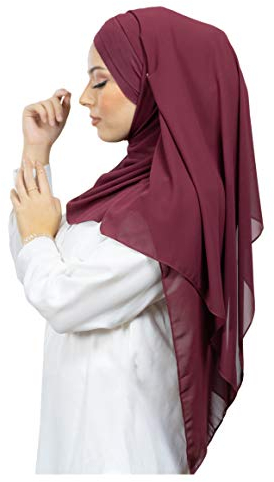 Hijab à Enfiler avec bonnet intégré en mousseline de soie pour femme musulmane voilée châle islamique voile enfilable HE100 (Rouge Bordeaux)