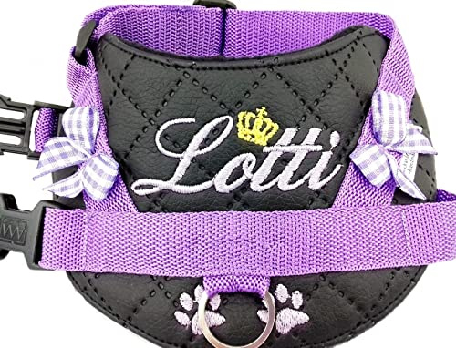 Hundegeschirr S M L XL XXL mit Wunsch Namen bestickt Kunstleder schwarz lila