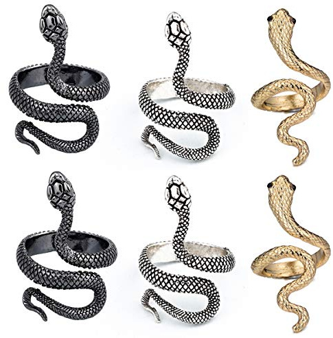 Yueser Schlange Ring, 6 Stücke Verstellbarer Schlangenring Punk Vintage Ringe für Damen Männer (Gold,Silber und Schwarz)