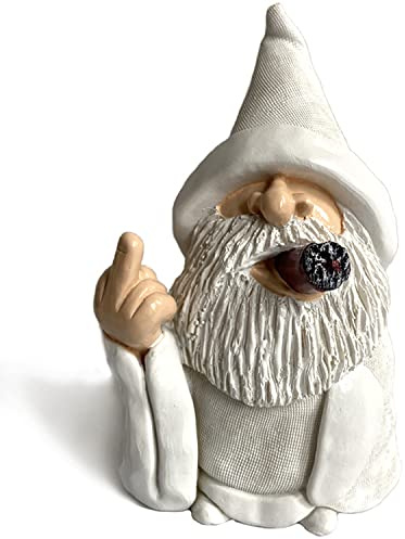 Gnomo Mago Bianco Fumante Dito Medio, Statua Gnomo Divertente Decorazione Paesaggio Decorazione in Miniatura per Giardino, Gnomo da Giardino Cattivo, 6,3 Pollici