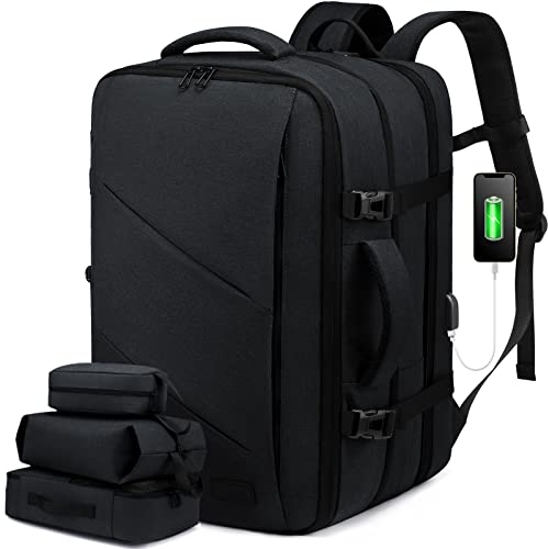 LOVEVOOK 30-40L Handgepäck Rucksack, Supergroßer erweiterbar Reiserucksack Flugzeug, Laptop Rucksack für 17 Zoll Herren Damen, Flug genehmigt Rucksack Anti-Diebstahl, Schwarz