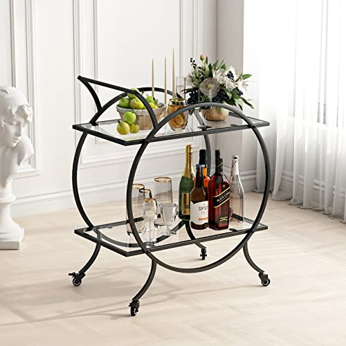 Industrie Barwagen für die Hausbar Servierwagen, Rolling Bar Cart Schwarz mit abschließbaren Lenkrollen, Glasbar Carts mit 2 verspiegelten Regalen, Aufbewahrung Weinwagen für Küche, Party