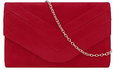 MEGAUK Damen Samt Clutch Elegante Abendtasche Wildleder Handtasche Envelope Tasche Unterarmtasche mit Kette für Hochzeit Wedding Prom Party Rot
