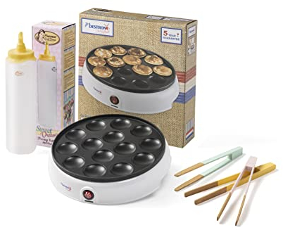 Bestron Poffertjesmaker Kit économique avec bouteille à pâte et 3 pinces de service, idéal pour Noël, Pâques ou anniversaires d'enfants, design rétro, 800 W, couleur : blanc/jaune