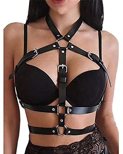 BERMEL Donna Sexy Nero Pelle PU Punk Catene del Corpo,Corpo Cintura in Pelle Catena Toracica Catena in Vita,Bikini Lingerie Decora