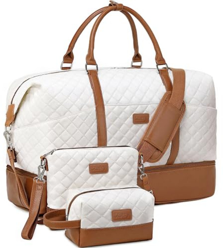 Weekender Travel Duffel With Toiletry Bag, Large Overnight Shoulder Tote With Shoe Compartment and Wet Pocket for Women, Girls, Airplane Traveling, Gym