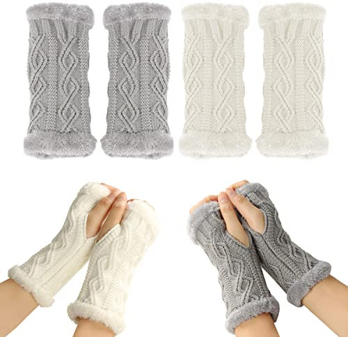 PFLYPF 2 paar fingerlose Damenhandschuhe, winterwarme Ärmel, Plüscharmwärmerärmel, kurze Strickhandschuhe, Wintersporthandschuhe, warm, weich und dick, für den Winter geeignet (weiß, grau)