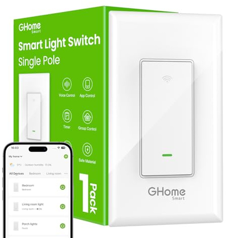 GHome Smart Switches for Lights, WiFi Smart Light Switch Works with Alexa and Google Home, Single-Pole, Neutral Wire Required, 2.4Ghz WiFi Light Switch with APP Control, No Hub Required, UL FCC Listed