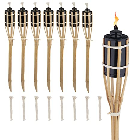 Relaxdays Fiaccole da Esterno, Alte 50 cm, Set da 8 Torce Olio in bambù per Giardino, Illuminazione Outdoor, Color Legno, Ferro