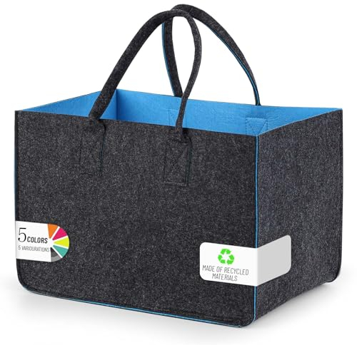 Sinand 30L Einkaufskorb, Einkaufstasche mit Henkel, Robust/Gut Verarbeitet/Faltbar Die Filztasche Storage für Outdoor Trips, Picknick, Einkaufen Außen (Dunkelgrau - Blau)