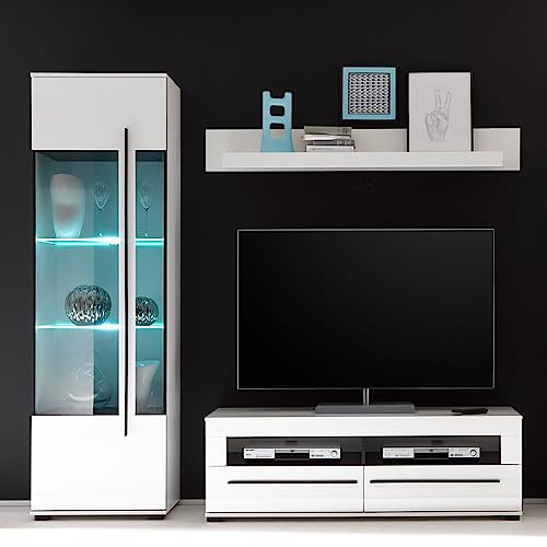 Lomadox TV-Wohnwand in weiß Hochglanz und schwarzen Relinggriffen mit Vitrine und Wandboard BxHxT: 215x200x47cm