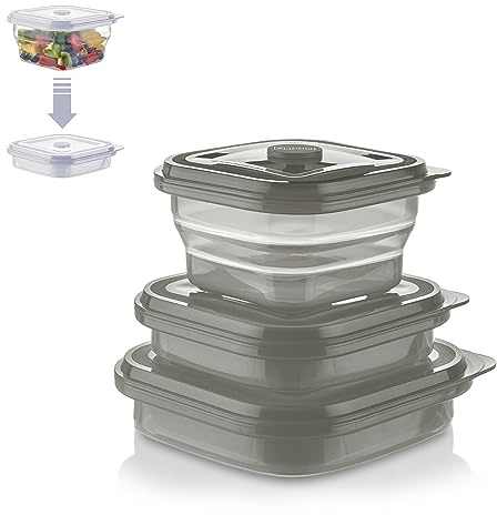 KLIPPSI® Lunchbox faltbar- Brotdosen Frischhaltedosen aus Platin Silikon hitze-kältebeständig, auslaufsicher, spülmaschinengeeignet (grau, 3er Set 400ml-600ml-900ml)