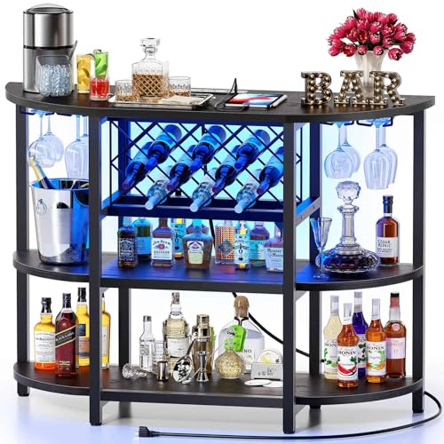 Zarler Bar Cart with Power Outlet Easy to Assemble, LED Home Bar Cabinet for Liquor, 47.3 L x 15.8 D x 36 H Metal Mini Bar Table with 4-Tier Storage, Black