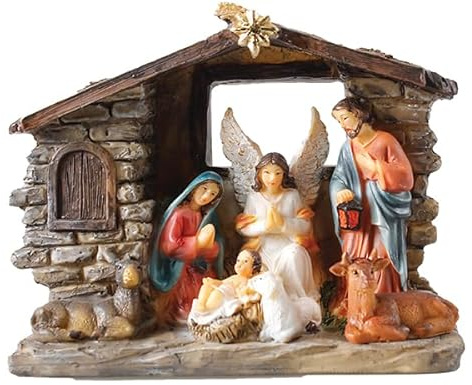 CBC Christmas Nativity Set Traditional Xmas Scene 7 Fixed Figures 5 Multicolour Christmas Ornament Holy Family & 3 Kings