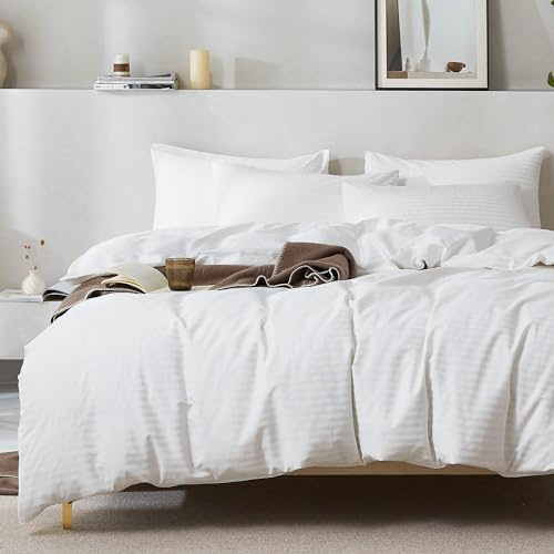JELLYMONI 100% Natural Cotton 3pcs Striped Duvet Cover Sets, Satin Striped Printing Pattern Duvet Cover Set, with Zipper Closure & Corner Ties(King Size)