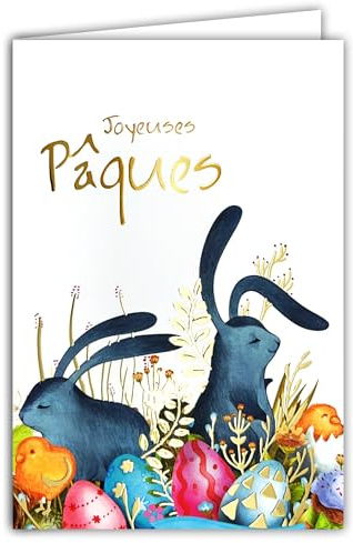 62-1025 - Biglietto di auguri di Pasqua allegra in oro dorato lucido con busta, 12 x 17,5 cm, illustrazione coniglietti pulcino caccia all'uovo dipinto, festa primavera pittura creazione edizione