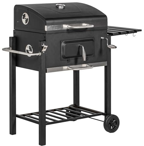 Outsunny Carro para barbacoa de carbón con rejilla de carbón ajustable, barbacoa de metal para jardín con estante, mesa auxiliar, ruedas, termómetro integrado, abridor de botellas