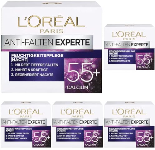L'Oréal Paris Nachtpflege für das Gesicht, Feuchtigkeitspendende Anti-Aging Nachtcreme mit Calcium zur Minderung von Falten, Anti-Falten Experte 55+, 1 x 50 ml (Packung mit 5)