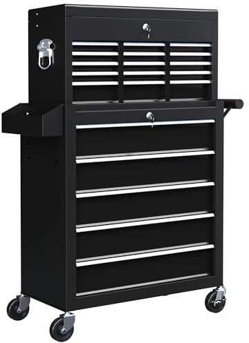 HOMCOM 2 in 1 Rolling Tool Cabinet on Wheels with 14 Drawers, Pegboard and Side Rack, Lockable Top Tool Chest and Roller Cabinet Combo for Workshop and Home, Black