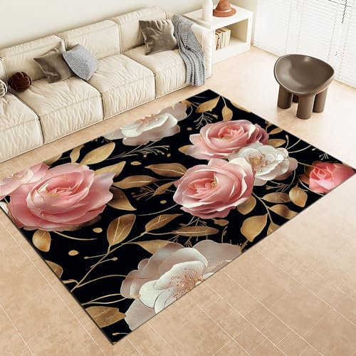 Rosa Blume Rose Teppich 160x230cm - Waschbarer, Weicher, Rutschfester Kurzflor Teppich im Gute Qualität Design für Wohnzimmer, Schlafzimmer, Esszimmer Bunt