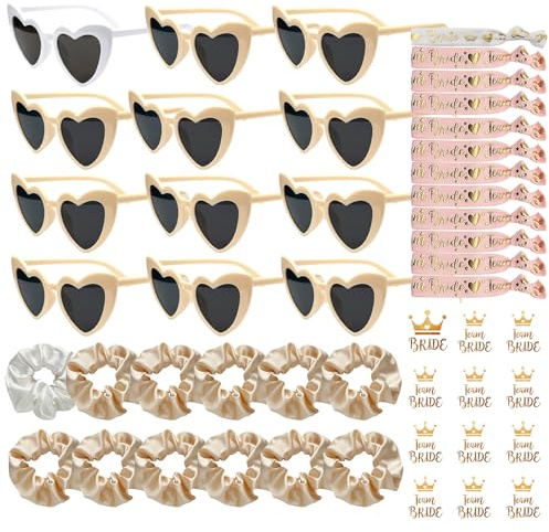 YeahBoom 48 Stück JGA Brille Team Braut,Bride to Be Herz Brille Set,12 Herz Sonnenbrille+12 Bride Haargummi+12 Bride Tattoo Aufkleber+12 Bride Armband,Jungesellinnenabschied Frau Accessoires,JGA Deko