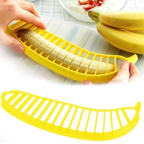 Bananenteiler Kunststoff Bananenschneider Banane Erdbeere Schneider Multifunktional Obstschneider Obstsalat Küchenwerkzeug Eiertrenner Spülmaschinenfest Fruchtschneider für Avocado Wurst Gurken Gelb