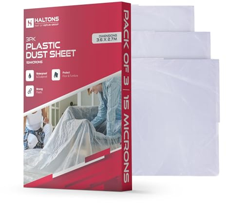 Haltons 3 Pack White LDPE Dust Sheets (3.6x2.7m, 15μm), Durable Plastic Dust Sheet for Decorating, Furniture & Floor Protection, Plastic Sheet for Painting, Renovation, and Debris Covering