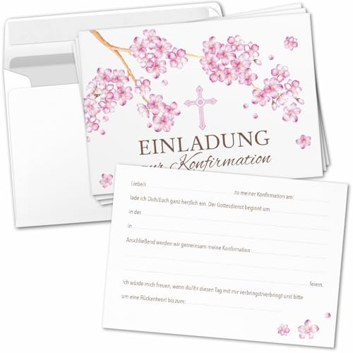 8 Einladungskarten Einladung Konfirmation mit Umschlag zum selber ausfüllen - Kirche Konfi Einladungen Postkarten Umschläge Modern Kirschblüte