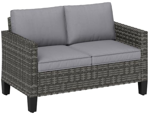 Outsunny 2 Seater Rattan Sofa Garden Sofa Cushions Steel Frame Dark Grey | Wicker Garden Loveseat with Armrests, Outdoor Couch, Porch, Balcony