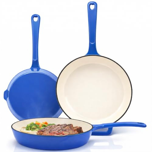 Hisencn Enameled Cast Iron Skillet - Ceramic Coated 8''/9.5''/11'' Fry Pan Set, Gas/Induction/Electric/Oven Compatible, 3 Size Frying Pans, PTFE & PFOA Free, Cast Iron Ceramic Cookware, Cobalt Blue