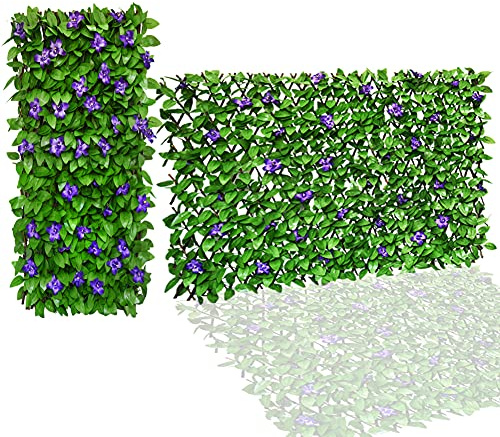 HomeSun Erweiterbarer Zaun 200x100cm Sichtschutz für Balkon Terrasse im Freien dekorative Faux Efeu Fechten Panel künstliche Pflanzenwand (einseitig Blätter) (2, Violett Blume)