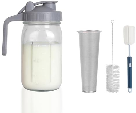 Jarra para cafetera fría – Tarro de vidrio grueso con filtro inoxidable, tapa abatible a prueba de fugas, mango ergonómico para café helado, té, limonada, bebidas caseras (gris, 32 onzas)