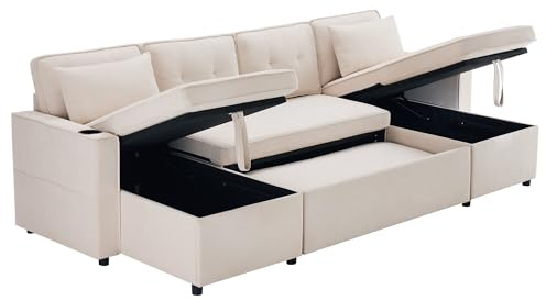 KecDuey Divano a forma di U, divano letto con funzione di dormire, divano rivestito, tessuto di cotone e lino, con portabicchieri, due spazi di archiviazione, adatto per famiglie, sale da pranzo e